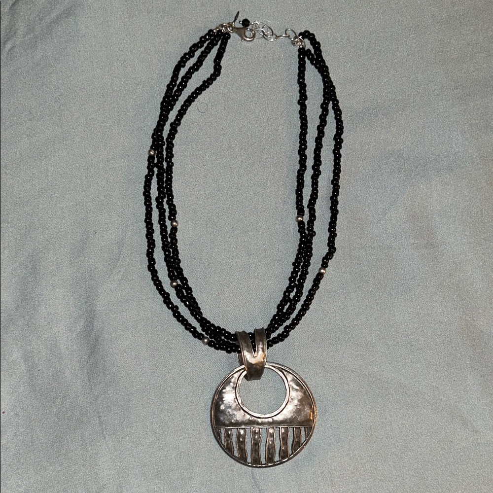 Black Beaded Necklace with Silver-tone Pendant
